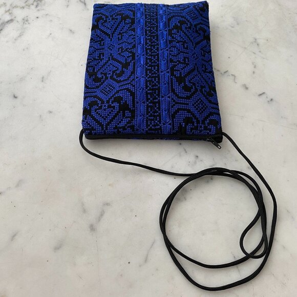 Blue Black Cottagecore Boho Fabric Crossbody Pouch Zipper - Picture 7 of 10